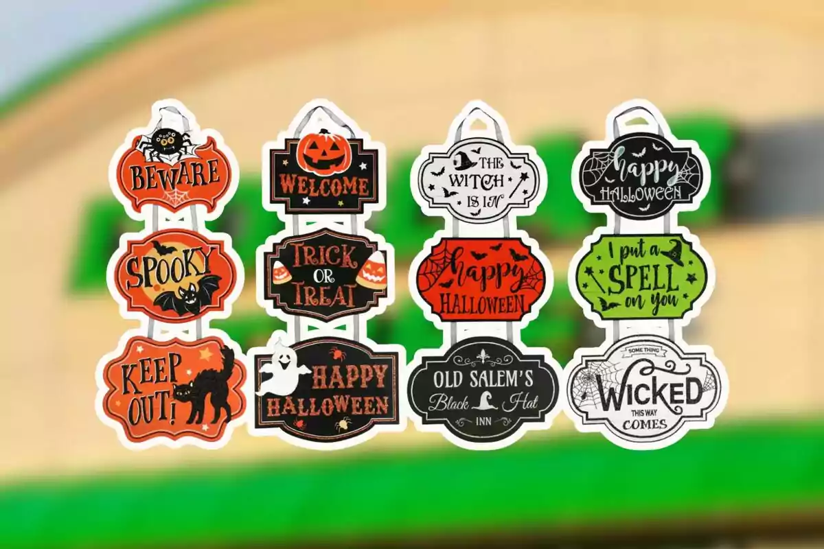 Conjunto de calcomanías decorativas de Halloween con frases y dibujos de temática espeluznante en colores naranja, negro, blanco y verde Conjunto de calcomanías decorativas de Halloween con frases y dibujos de temática espeluznante en colores naranja, negro, blanco y verde
