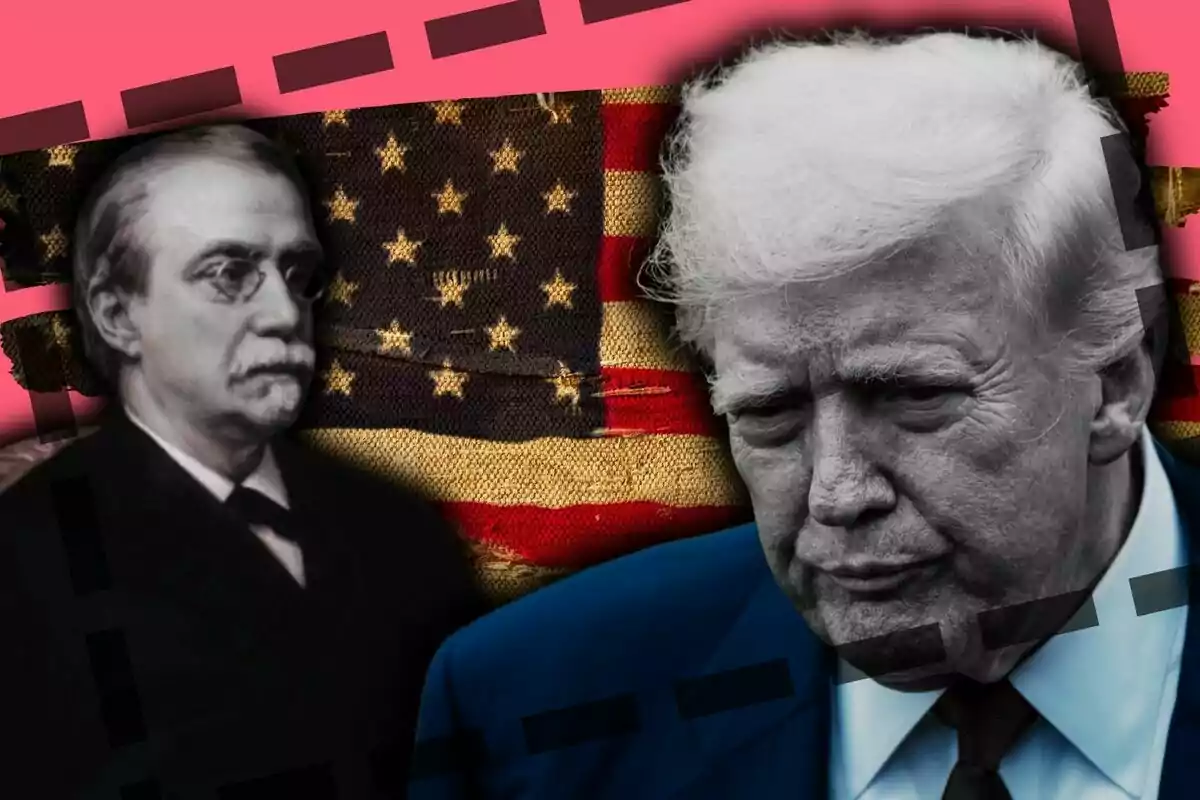 Cuadro de Antonio Cánovas del Castillo con Donald Trump en primer plano con una bandera de Estados Unidos de fondo y un diseño gráfico en tonos rosados y negros
