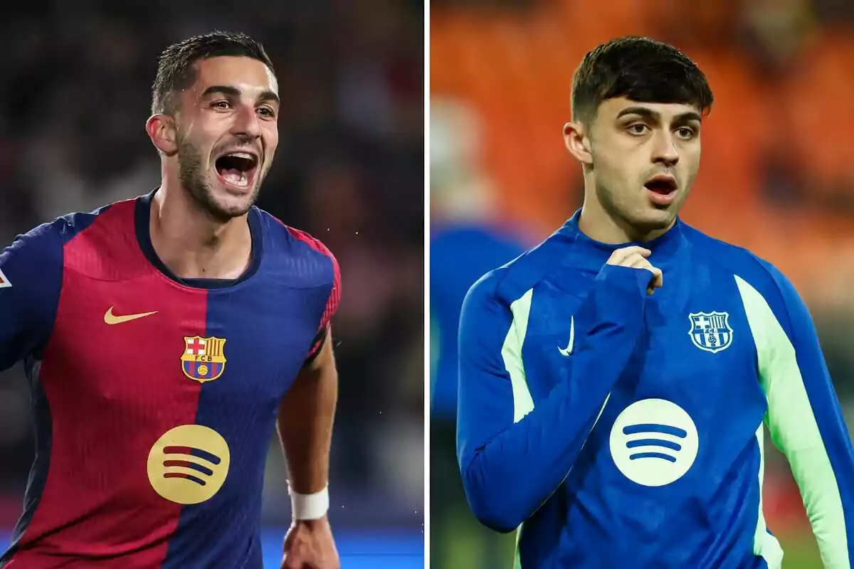 Ferran Torres i Pedri amb l’uniforme de l’equip, un celebrant i l’altre amb actitud pensativa Ferran Torres i Pedri amb l’uniforme de l’equip, un celebrant i l’altre amb actitud pensativa