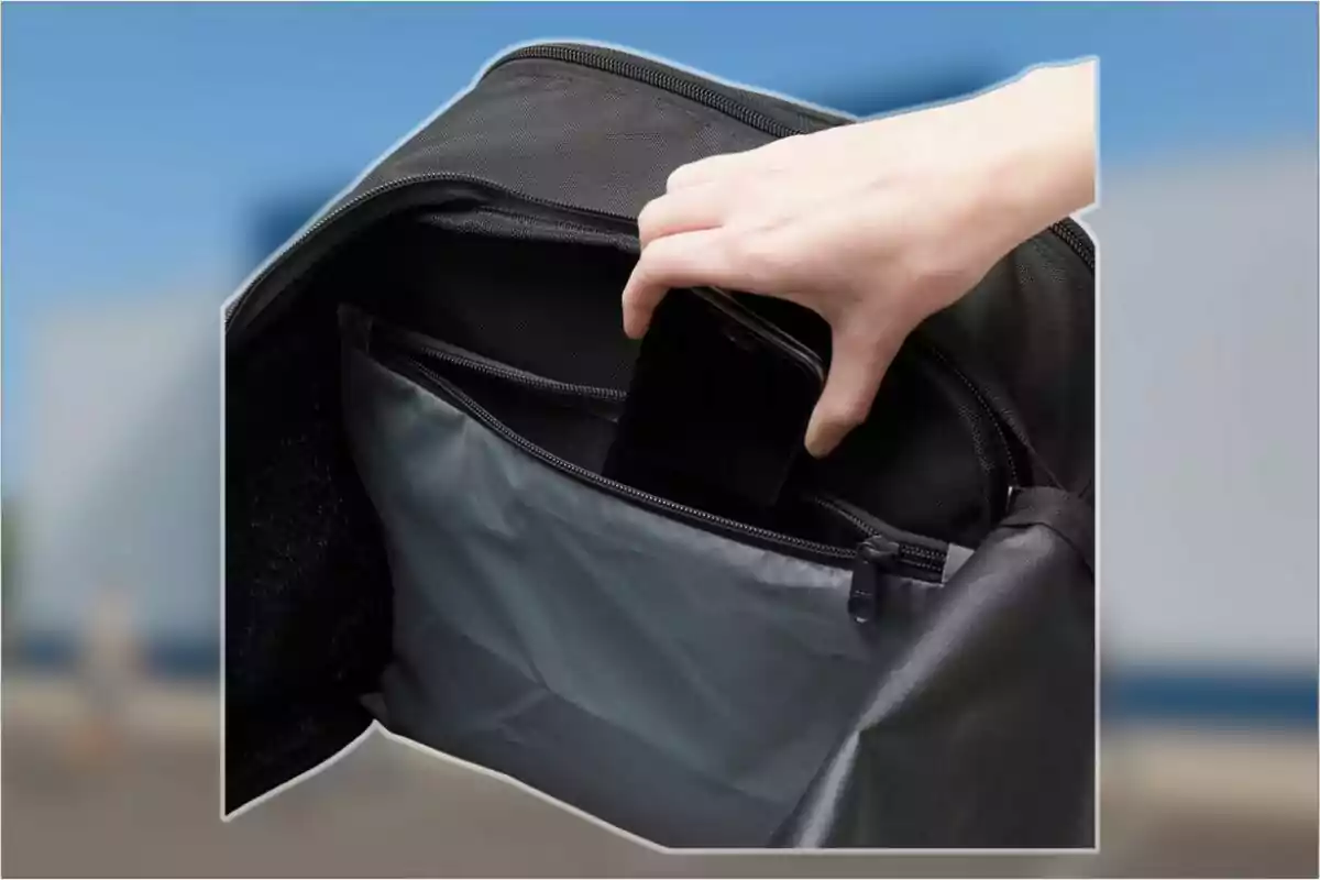 Una mano guarda un teléfono móvil negro en el bolsillo interior de una mochila negra.