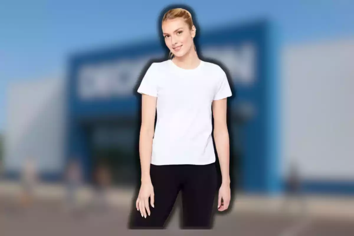 Mujer joven con camiseta blanca y pantalón negro posando frente a un edificio azul desenfocado