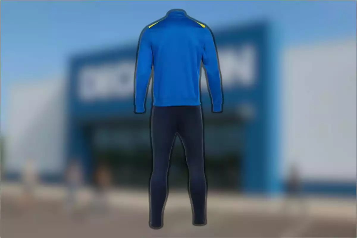 Conjunto deportivo azul con detalles amarillos visto de espaldas frente a una tienda desenfocada