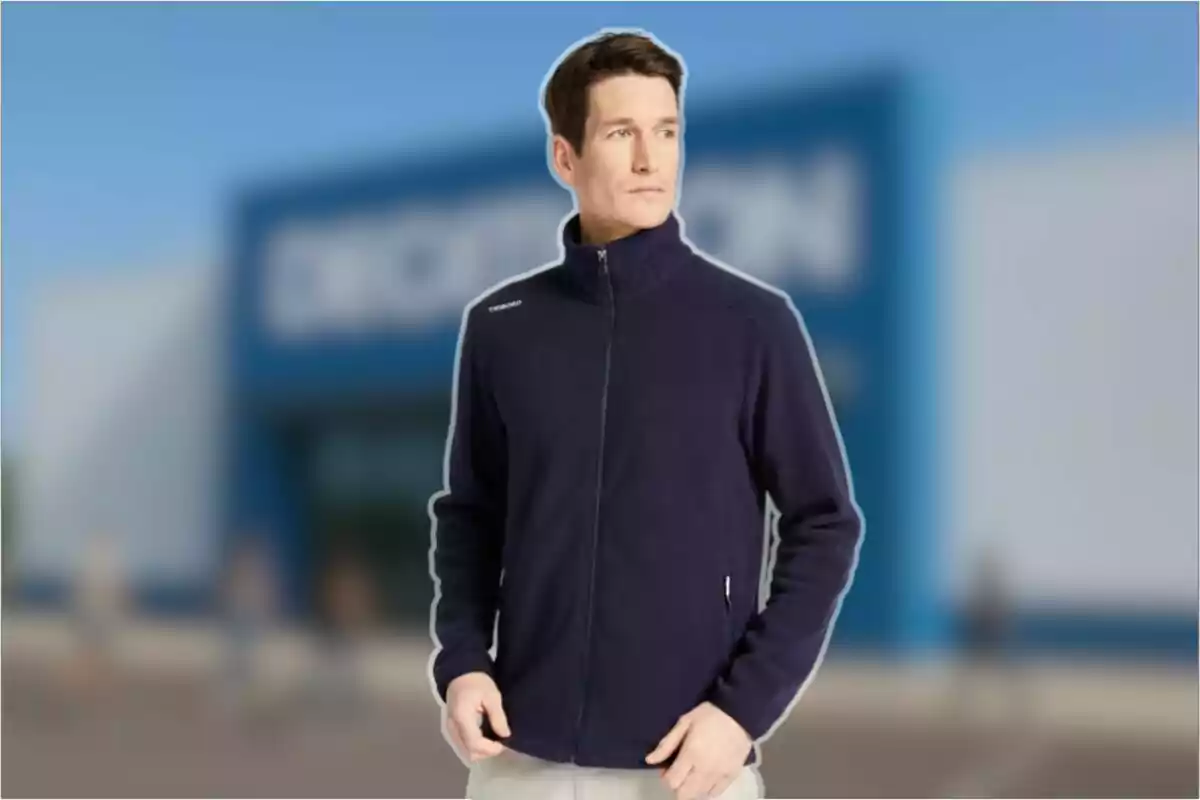 Hombre con chaqueta azul marino de cremallera posando frente a una tienda desenfocada