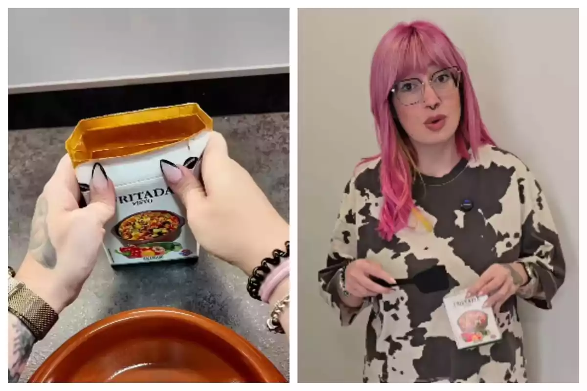 Persona amb cabell rosa, que és la influencer Cris Simón, sostenint un envàs de menjar preparat i una espàtula, al costat d’una imatge de mans obrint el mateix envàs sobre un recipient de fang.