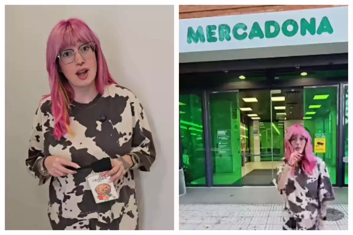 Persona amb cabell rosa i ulleres, que és la influencer Cris Simón, amb una samarreta d’estampat de vaca; a la primera imatge és a l’interior sostenint un producte i a la segona està dreta davant de l’entrada d’un supermercat Mercadona.
