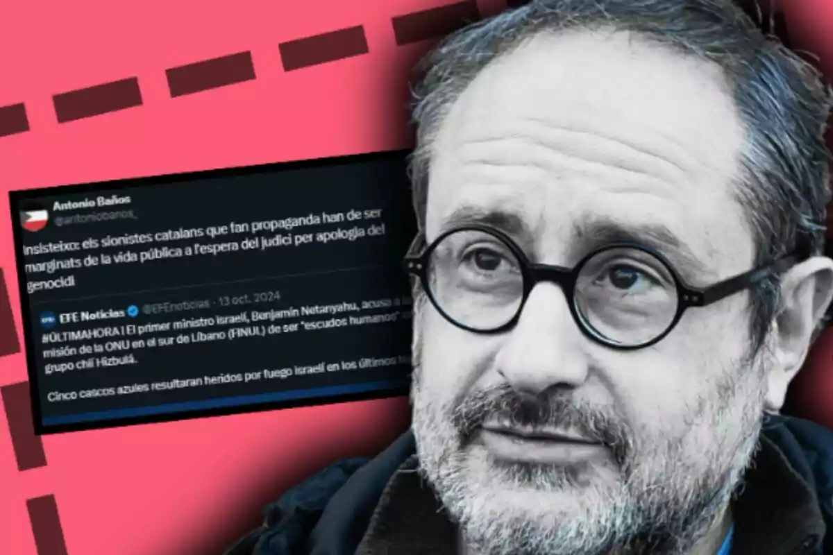 Muntatge de fotos d’Antonio Baños amb expressió seriosa en primer pla sobre un fons rosa amb un tuit en català i castellà superposat.