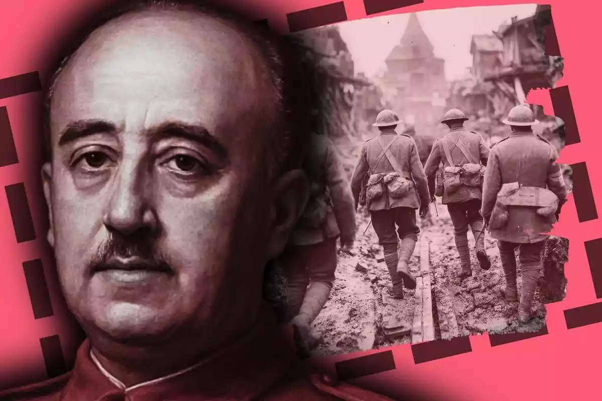 Retrat d’un home amb bigoti en primer pla, que és Francisco Franco, al costat d’una imatge de soldats caminant per un carrer destruït en tons rosats.