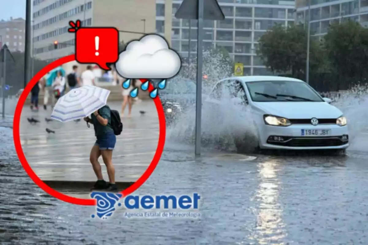 Una persona amb paraigua camina sota la pluja mentre un cotxe esquitxa aigua en un carrer inundat i apareix un avís d’alerta meteorològica de l’AEMET. Una persona amb paraigua camina sota la pluja mentre un cotxe esquitxa aigua en un carrer inundat i apareix un avís d’alerta meteorològica de l’AEMET.