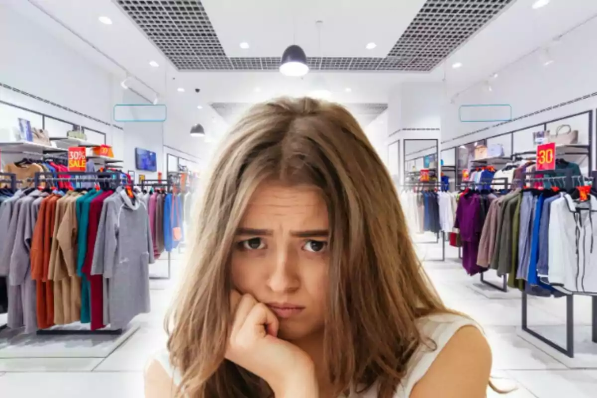Dona amb expressió de preocupació en una botiga de roba amb cartells de descompte.
