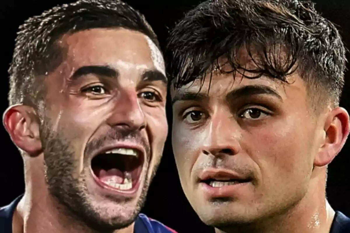 Close-up photo montage of Ferran Torres shouting and Pedri with a neutral expression.