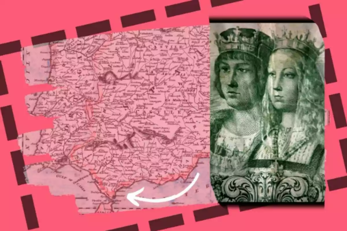 Mapa antic de la península Ibèrica amb una il·lustració dels Reis Catòlics sobre un fons rosa.