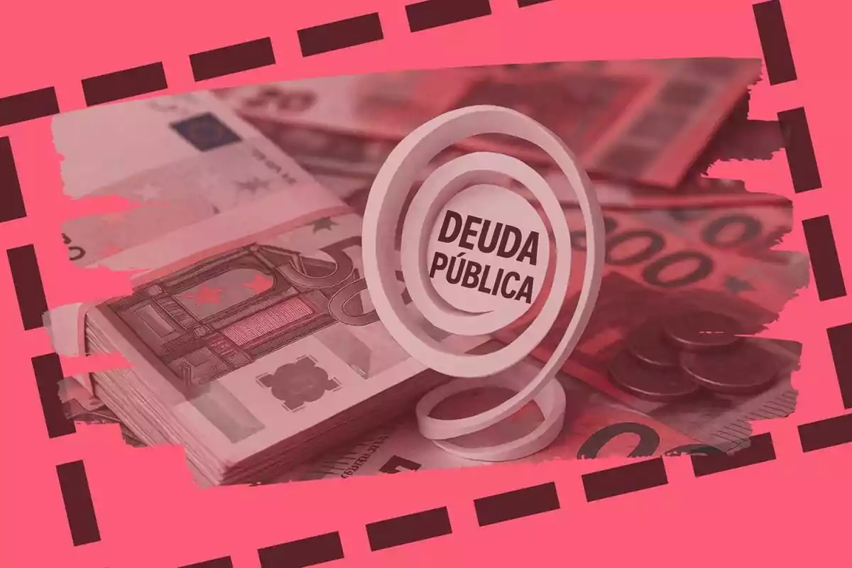 Bitllets d’euro i monedes amb un cartell que diu deute públic sobre un fons rosa.