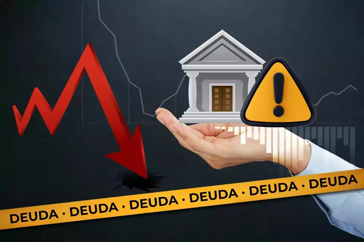 Gràfica de fletxa vermella descendent amb cinta groga que diu deute, una mà estesa, un edifici de banc i un símbol d’advertència, representant crisi financera o problemes de deute.