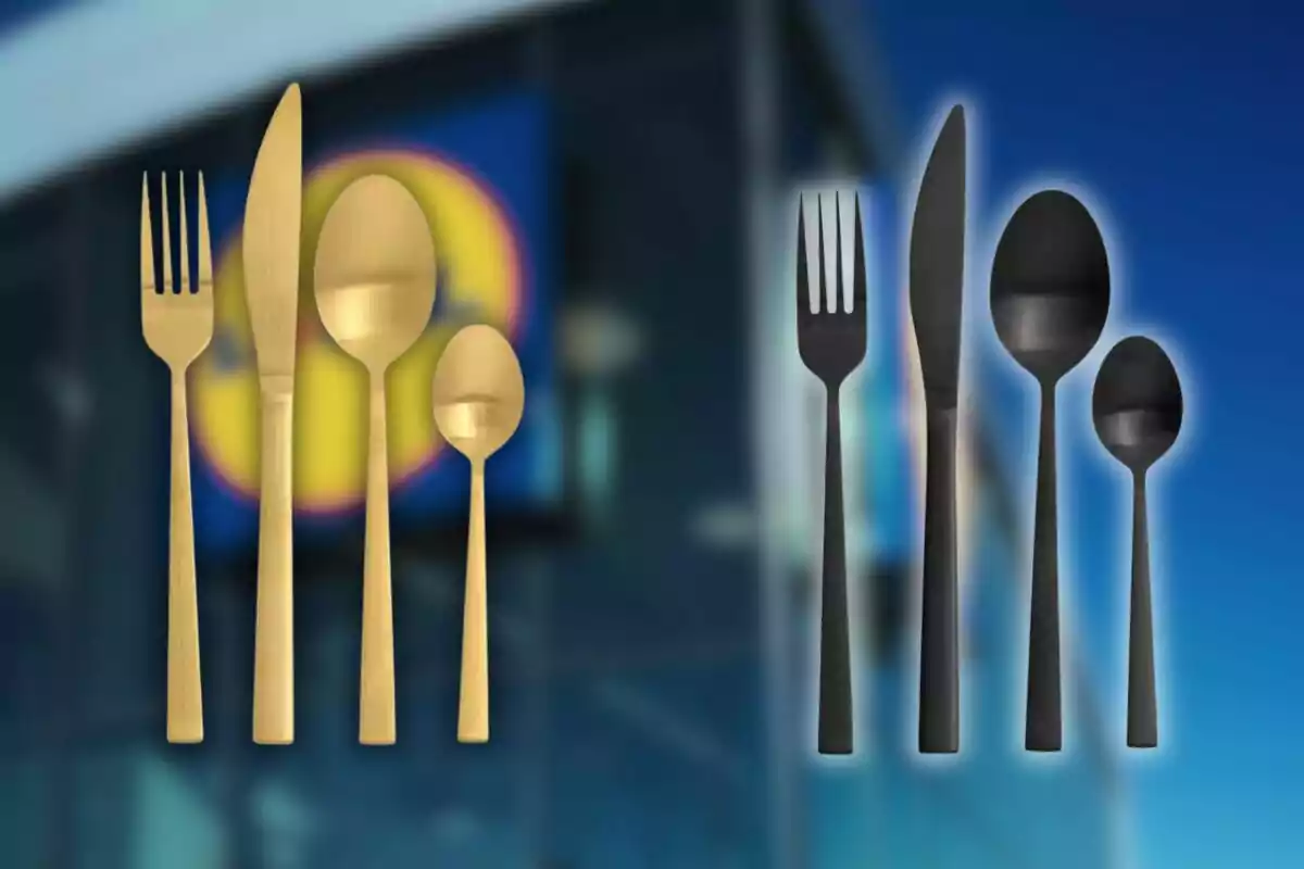 Two sets of cutlery from Lidl, one gold and one black, on a blurred background of a building with a blue and yellow sign.
