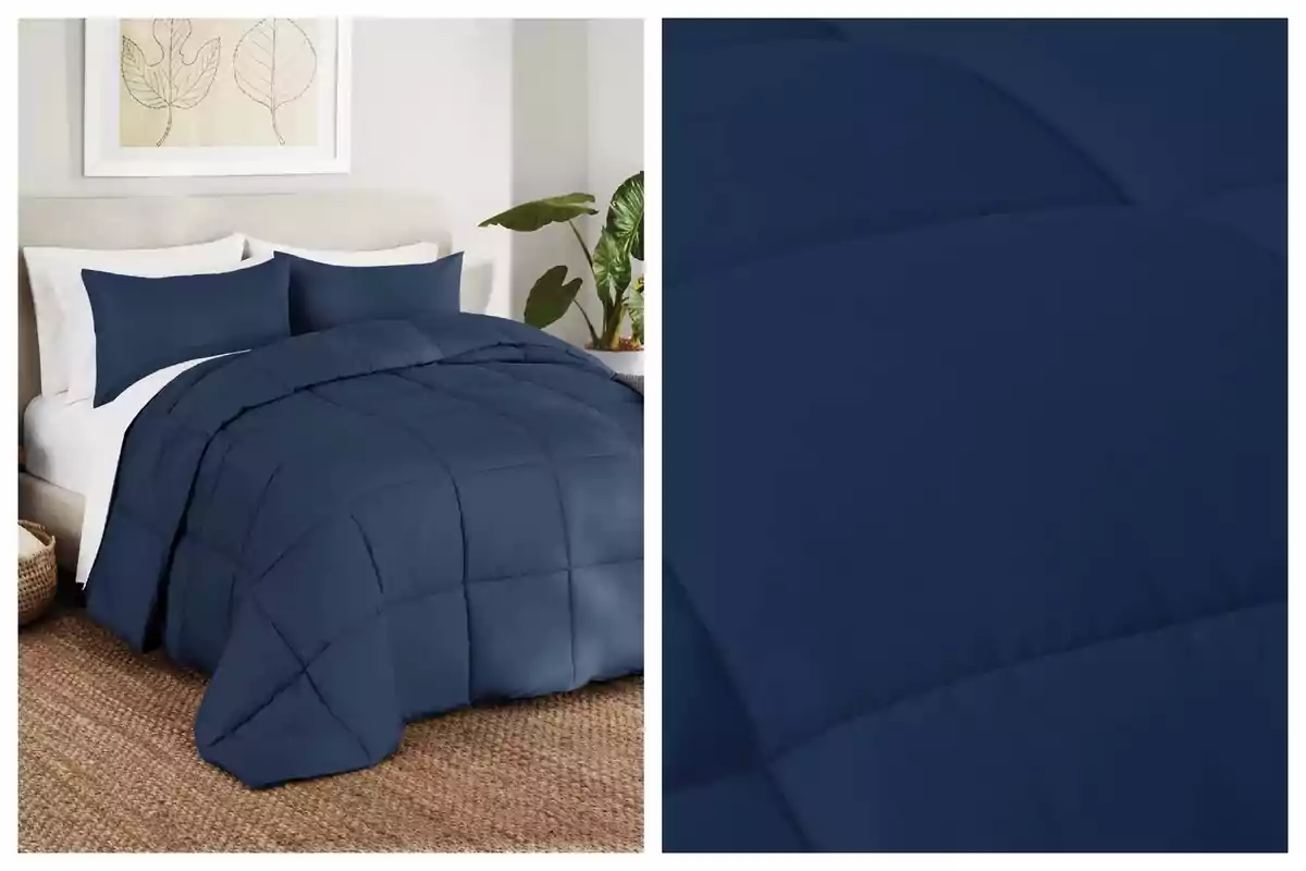 Bed with navy blue comforter and pillows from Sam's Club in a room decorated with plants and a leaf painting, next to a close-up of the comforter fabric.