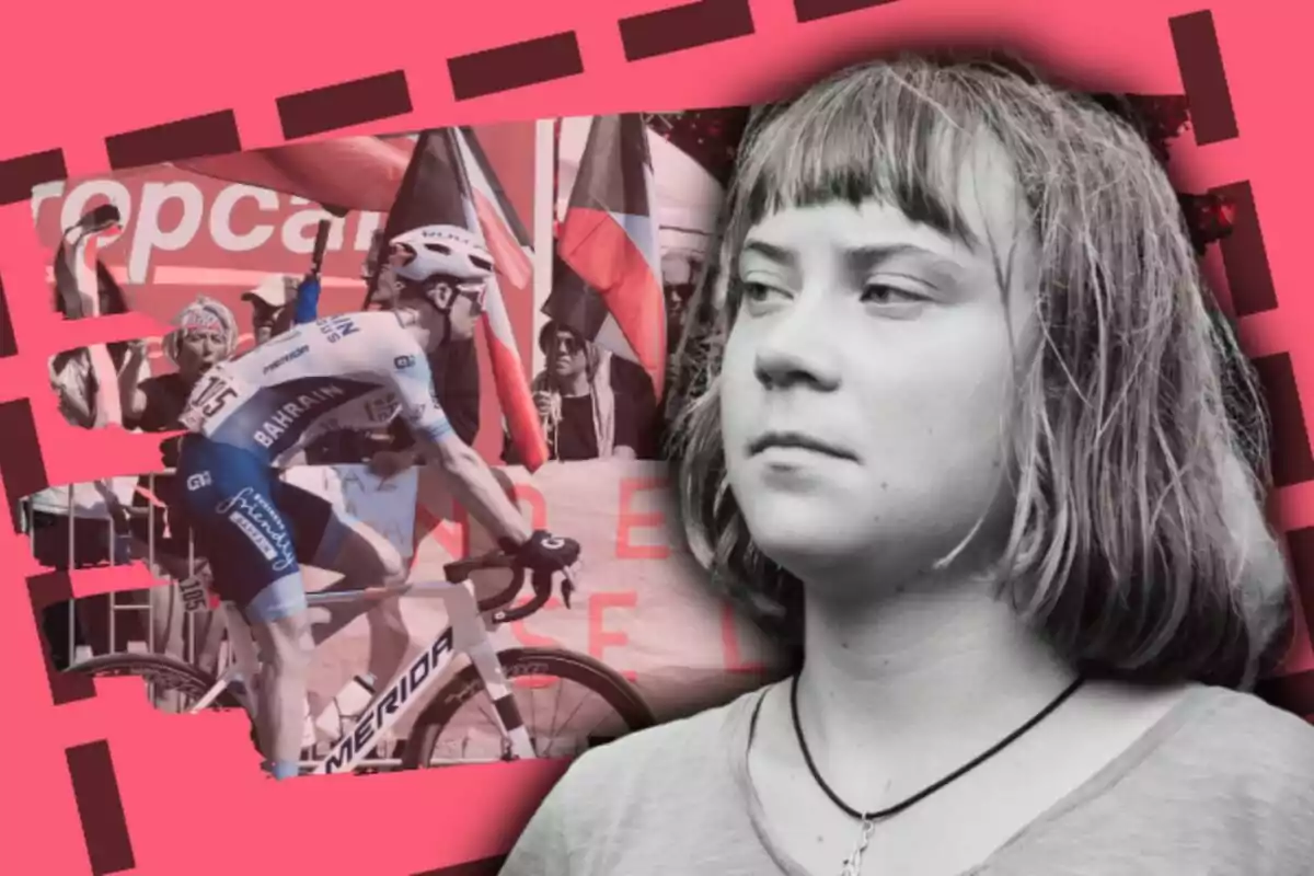 Una jove de cabell curt, que és Greta Thunberg, mira cap a un costat en primer pla, mentre al fons s’observa un ciclista en competició i persones amb banderes de Palestina, tot sobre un fons rosa amb detalls gràfics.