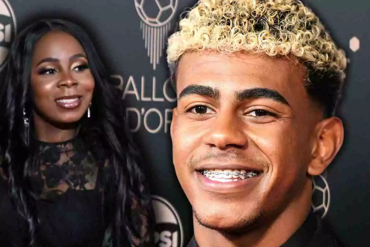 Lamine Yamal amb cabell arrissat ros i brackets somriu en un esdeveniment elegant acompanyat de Sheila Ebana amb vestit negre i cabell llarg