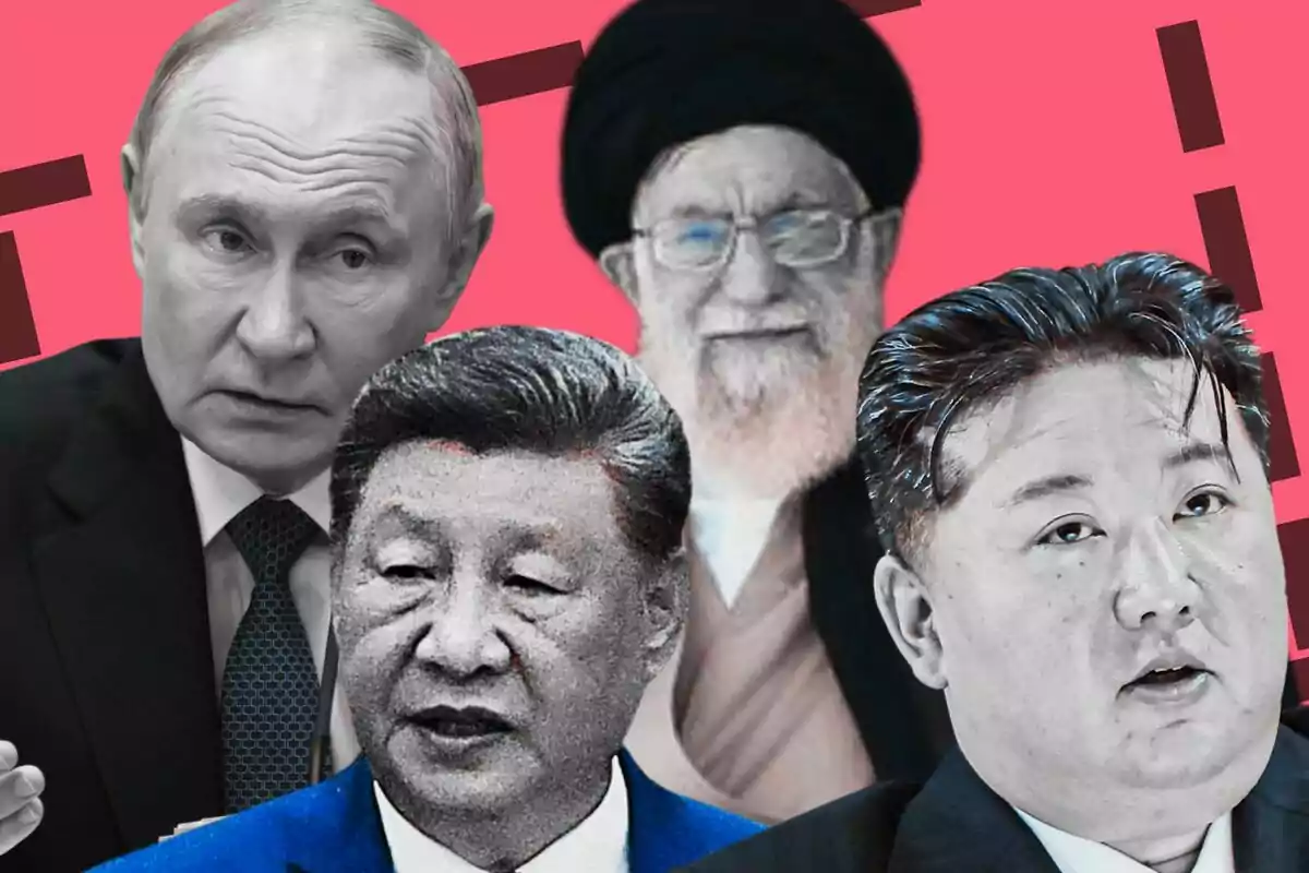 Quatre líders mundials (Rússia, Corea del Nord, la Xina i l’Iran) amb fons rosa i línies fosques.