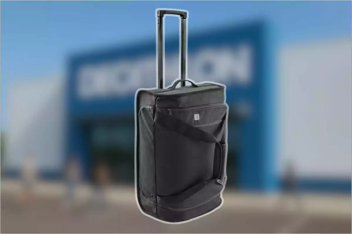 Maleta negra amb rodes i mànec telescòpic davant d’una botiga desenfocada