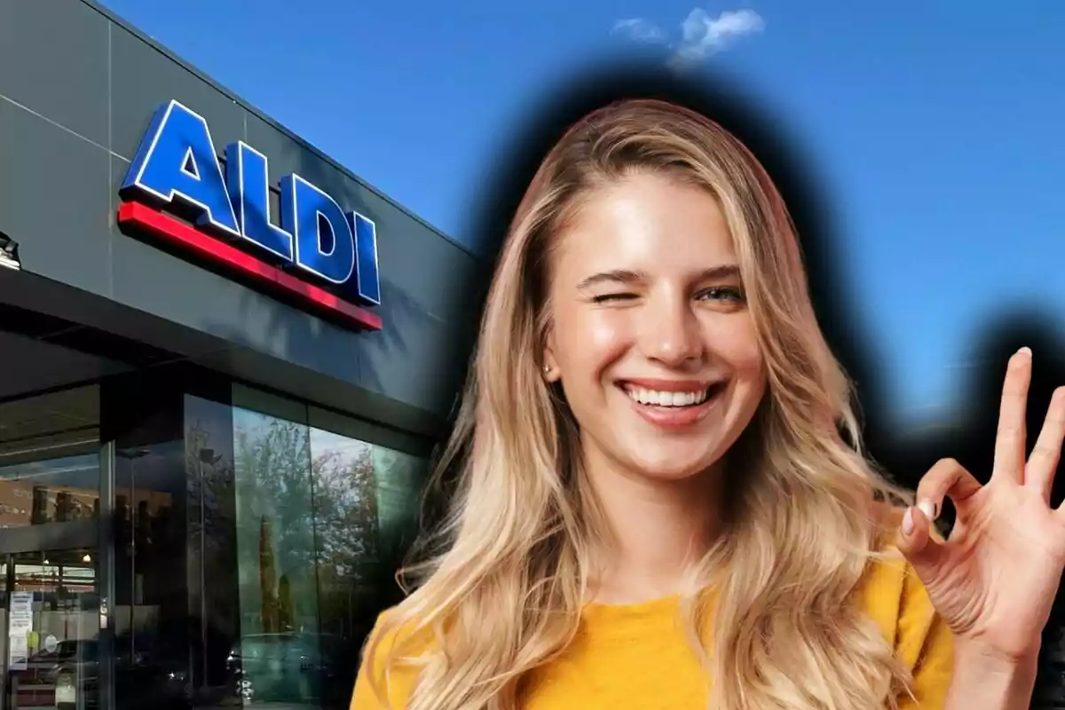 Mujer rubia sonriendo y haciendo el gesto de ok frente a una tienda Aldi.