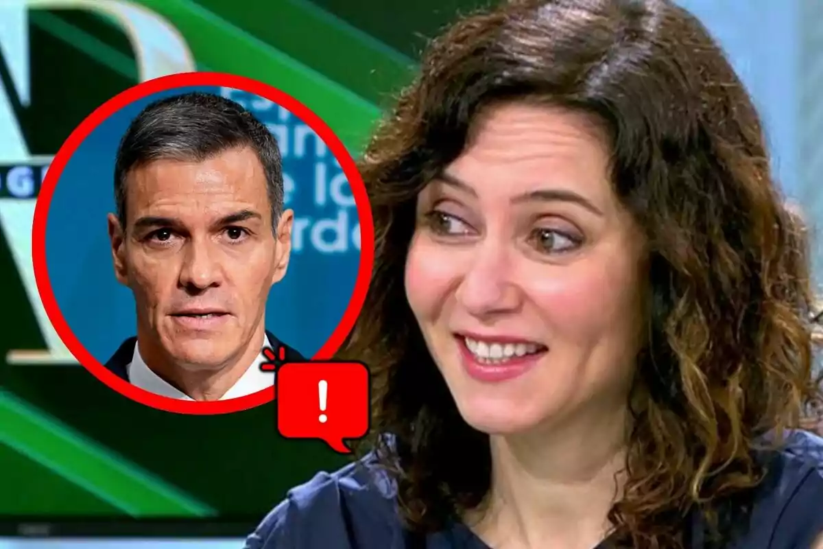 Isabel Díaz Ayuso sonriente en primer plano con la imagen de un hombre, que es Pedro Sánchez, enmarcada en un círculo rojo y un icono de exclamación sobre un fondo verde.
