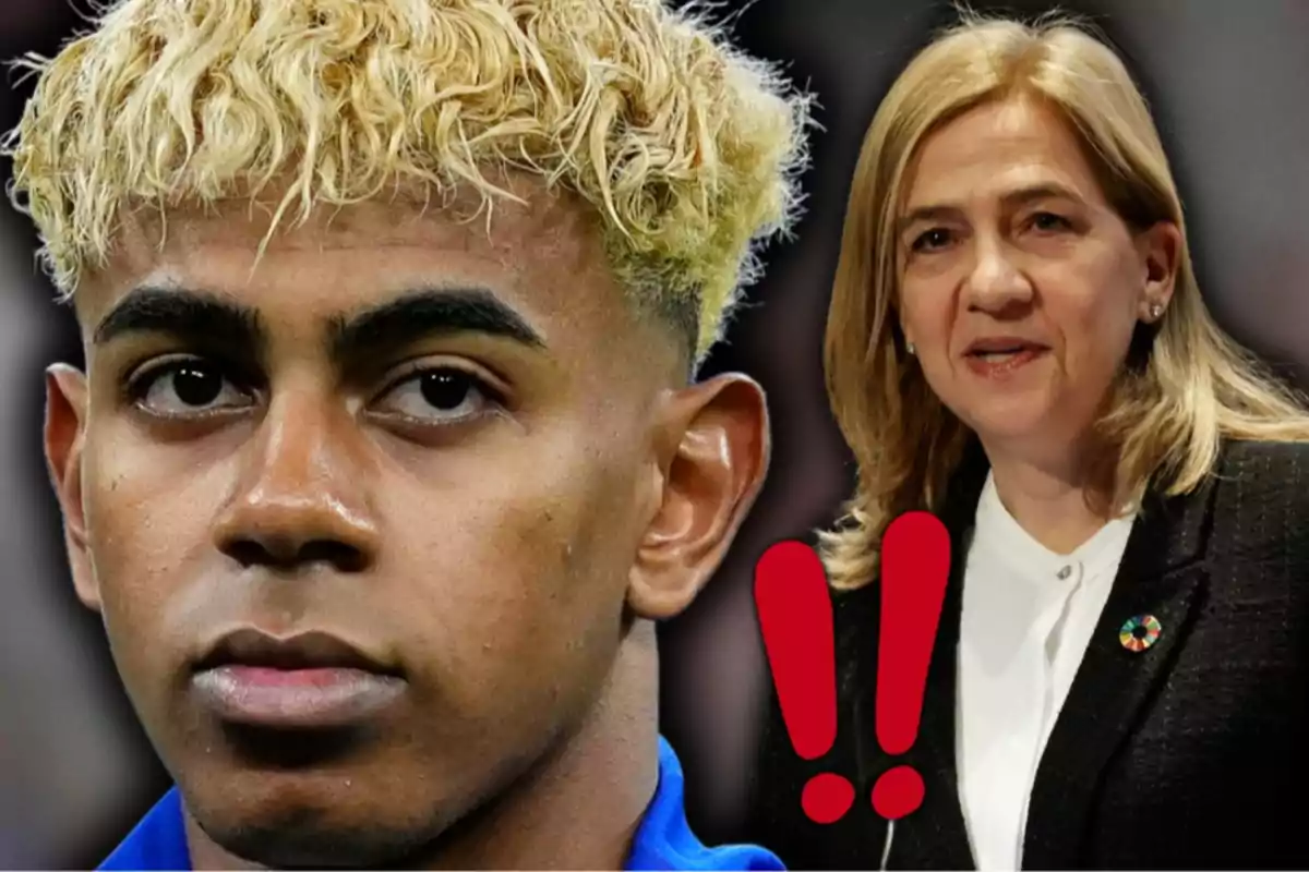 Primer pla de Lamine Yamal arrissat al costat de la infanta Cristina de mitjana edat i dos signes d’exclamació vermells entre ells