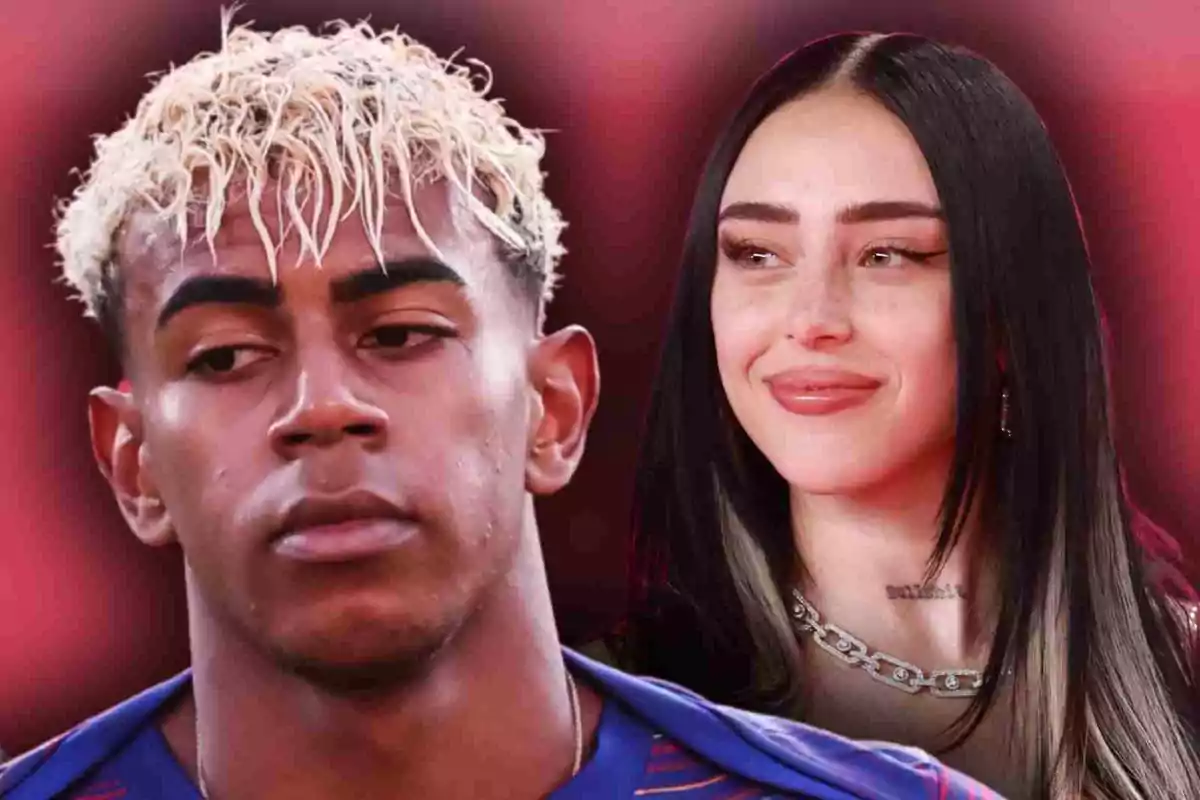 Lamine Yamal amb cabell ros arrissat i expressió seriosa és al davant mentre Nicki Nicole de cabell fosc i llis somriu al fons amb un collaret platejat, tots dos sobre un fons difuminat en tons vermells.