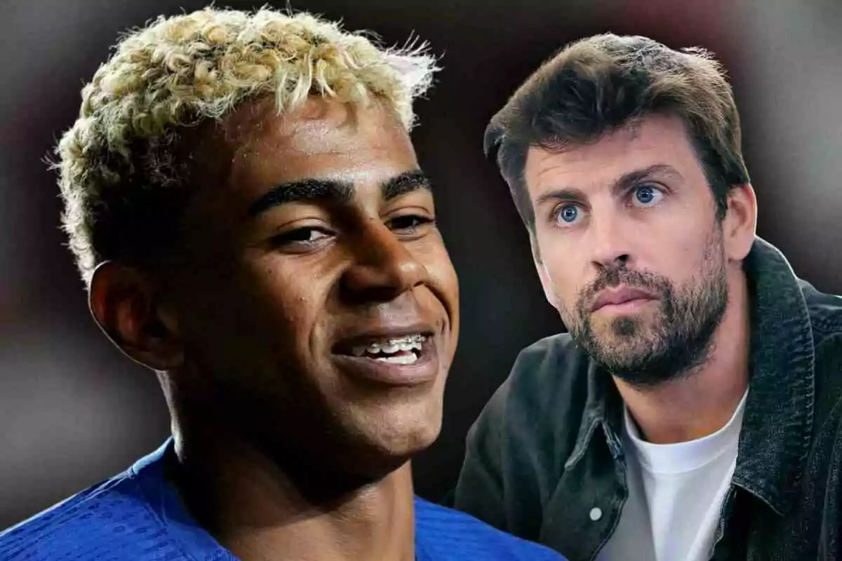 Dos homes apareixen en primer pla, Lamine Yamal somriu i porta els cabells arrissats i rossos, mentre que Gerard Piqué té una expressió seriosa i barba, tots dos amb el fons desenfocat.