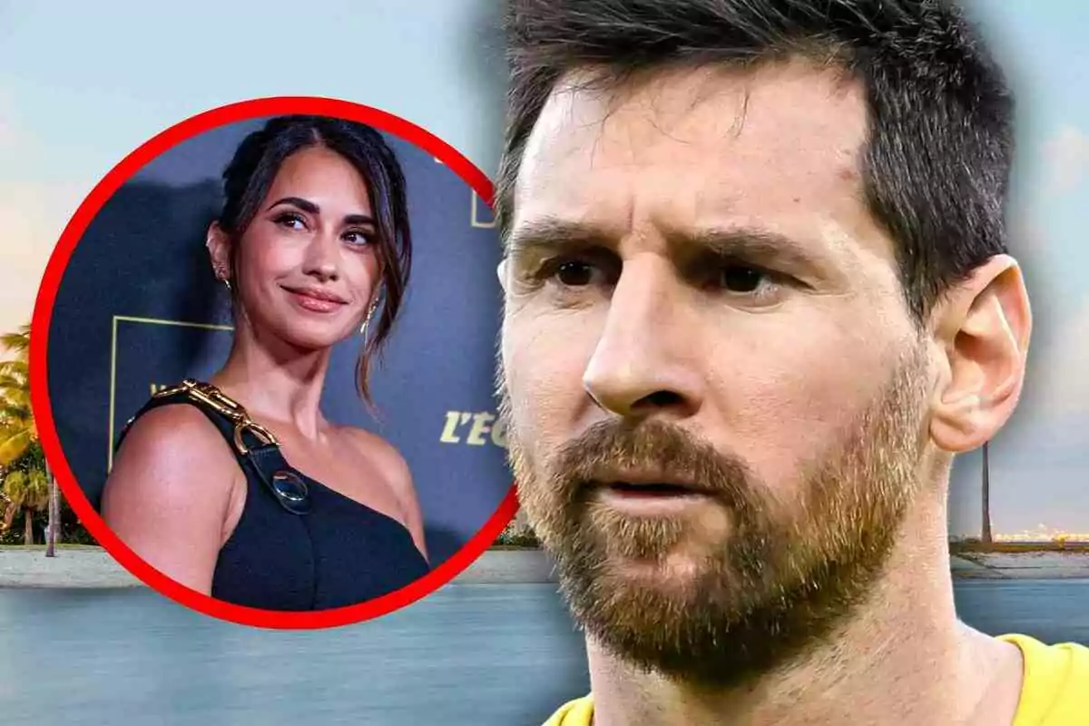 Close-up of Leo Messi with a beard and dark hair with a serious expression, and in the background a red circle framing Antonela Roccuzzo with dark hair and a black dress smiling, against a beach backdrop with palm trees and water.