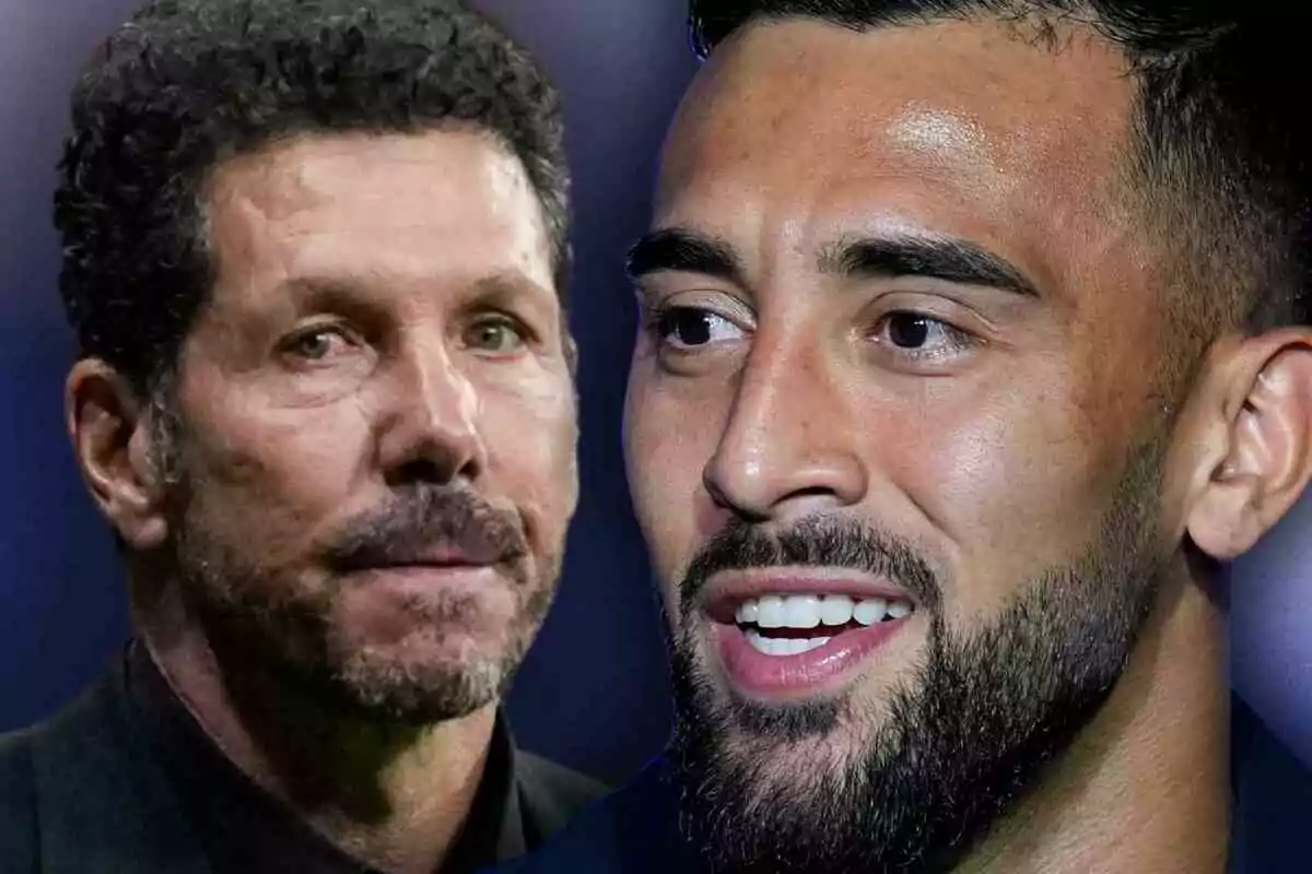 Dos homes de cabell fosc i barba apareixen en primer pla, Cholo Simeone està seriós i Nico González somriu lleument.