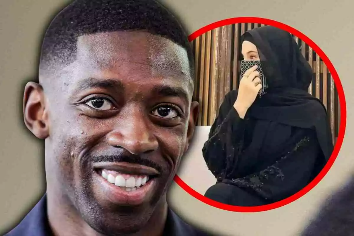 Ousmane Dembéle somrient en primer pla i Rima Edbouche amb hijab negre dins d’un cercle vermell al fons