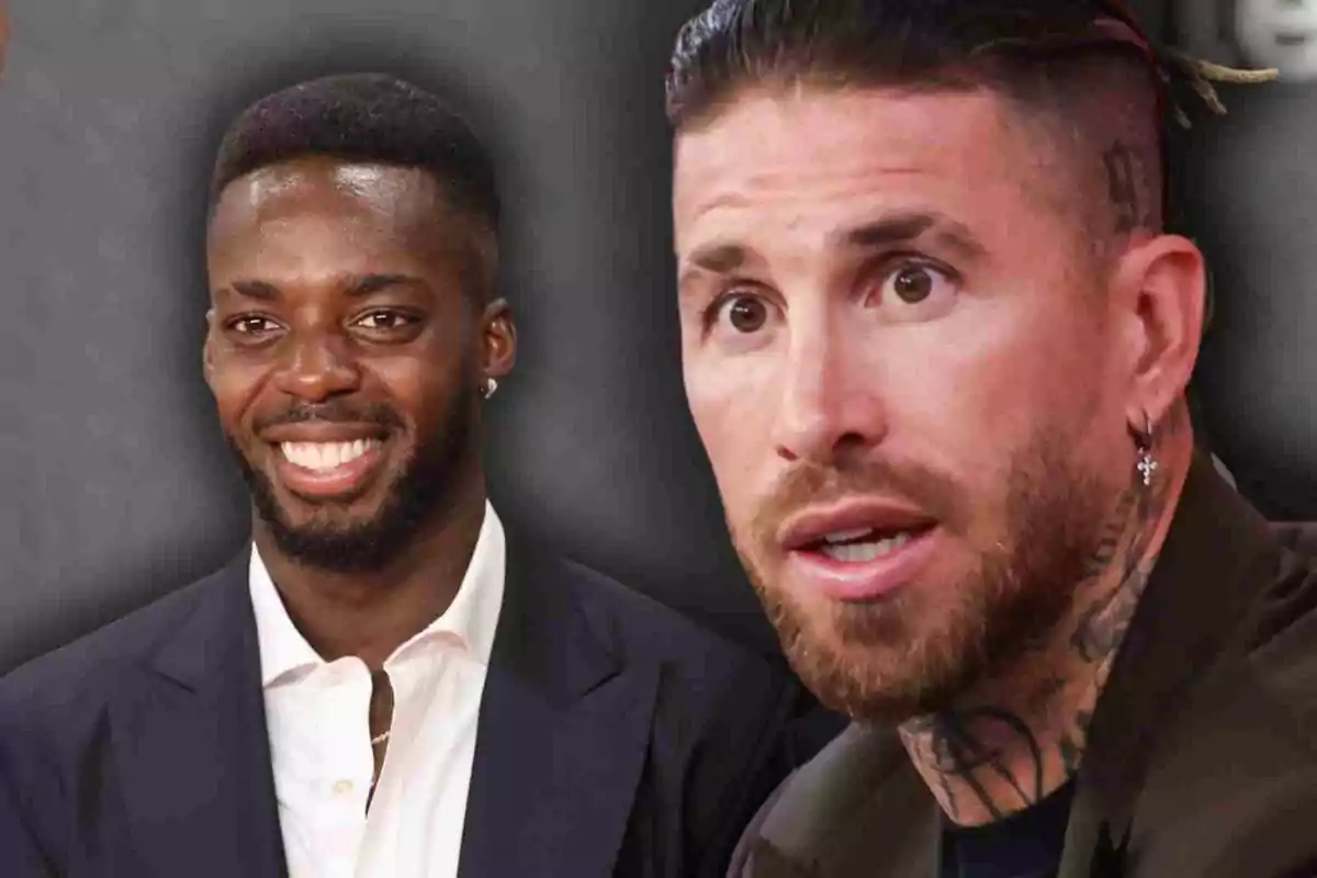 Dos homes amb barba i arracades apareixen en primer pla, Iñaki Williams somriu i Sergio Ramos té una expressió seriosa.