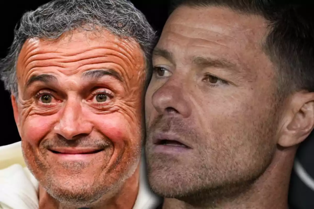 Luis Enrique i Xabi Alonso apareixen en primer pla amb expressions facials diferents: un somriu i l’altre sembla seriós.