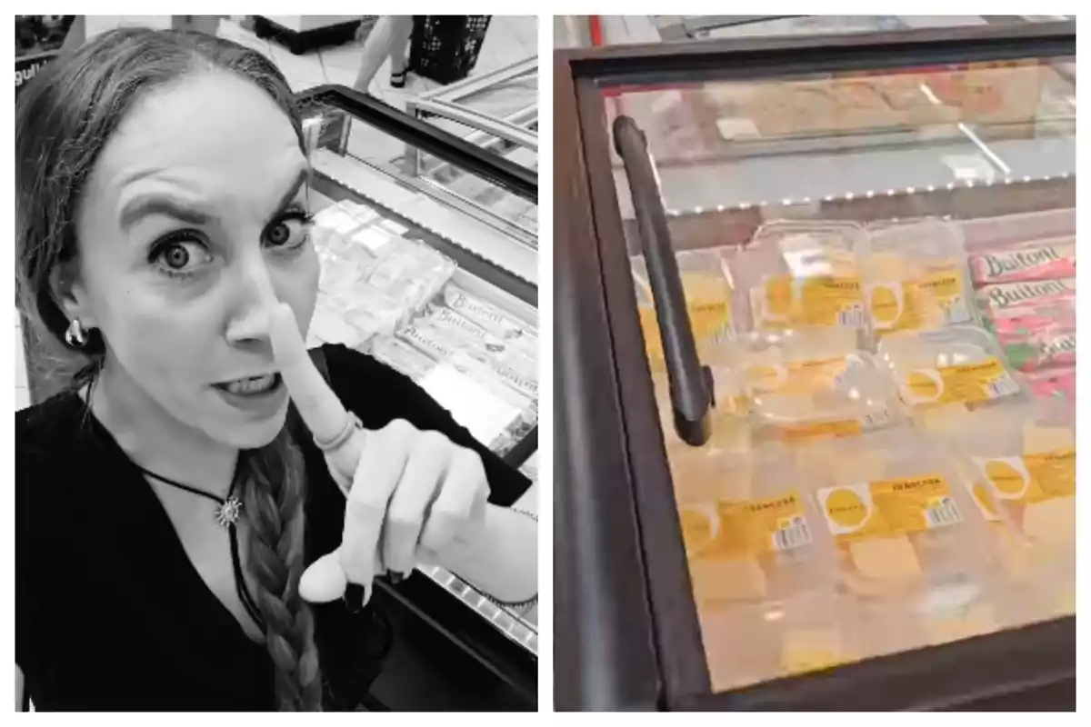 Dona amb expressió seriosa (que és @que_lo_pruebe_iris) i el dit índex als llavis fent senyal de silenci al costat d’un congelador de supermercat que conté productes envasats.