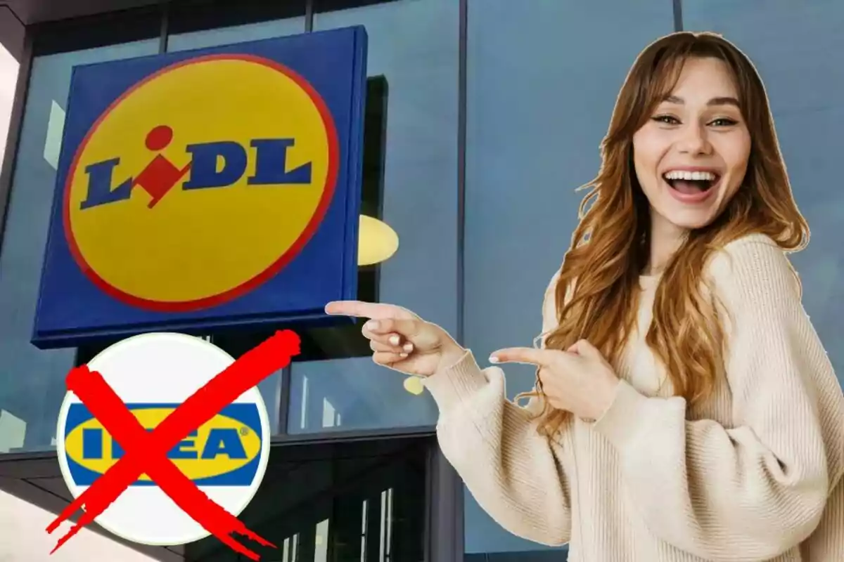 Smiling woman pointing at the Lidl logo with a red crossed-out Ikea logo in front of a modern building