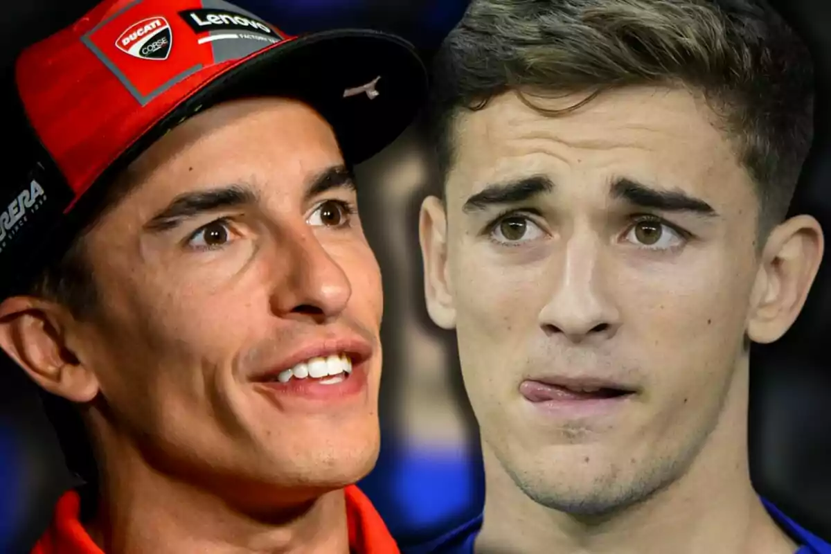 Marc Márquez and Gavi in the foreground, one with a red cap and a smiling expression, and the other with a serious expression and tightly pressed lips.