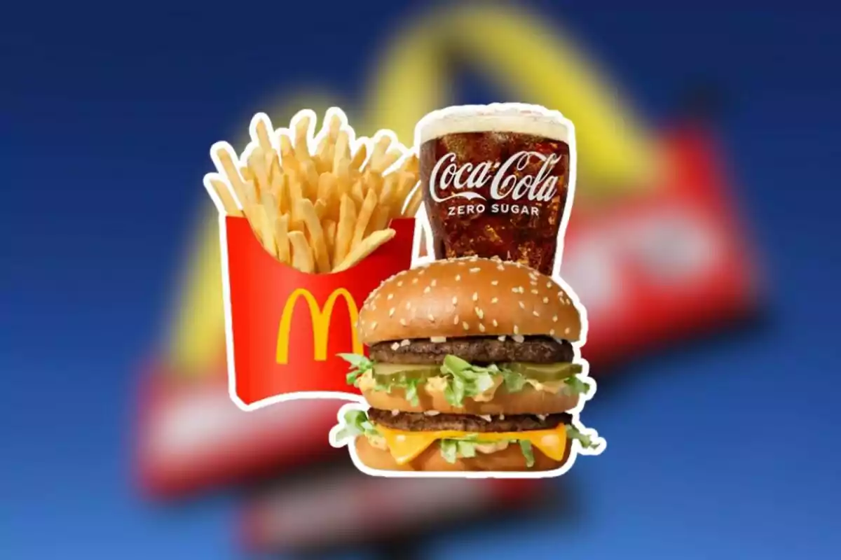 Cheeseburger combo with fries and cola from a famous fast food chain Cheeseburger combo with fries and cola from a famous fast food chain
