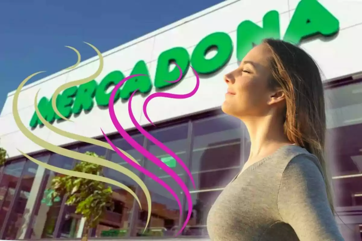Mujer disfrutando de un aroma agradable frente a una tienda Mercadona