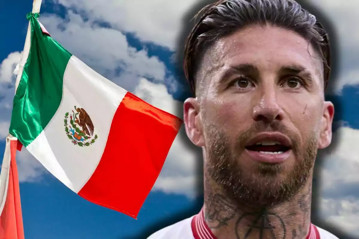 Sergio Ramos apareix al costat d’una bandera de Mèxic onejant sobre un cel amb núvols.