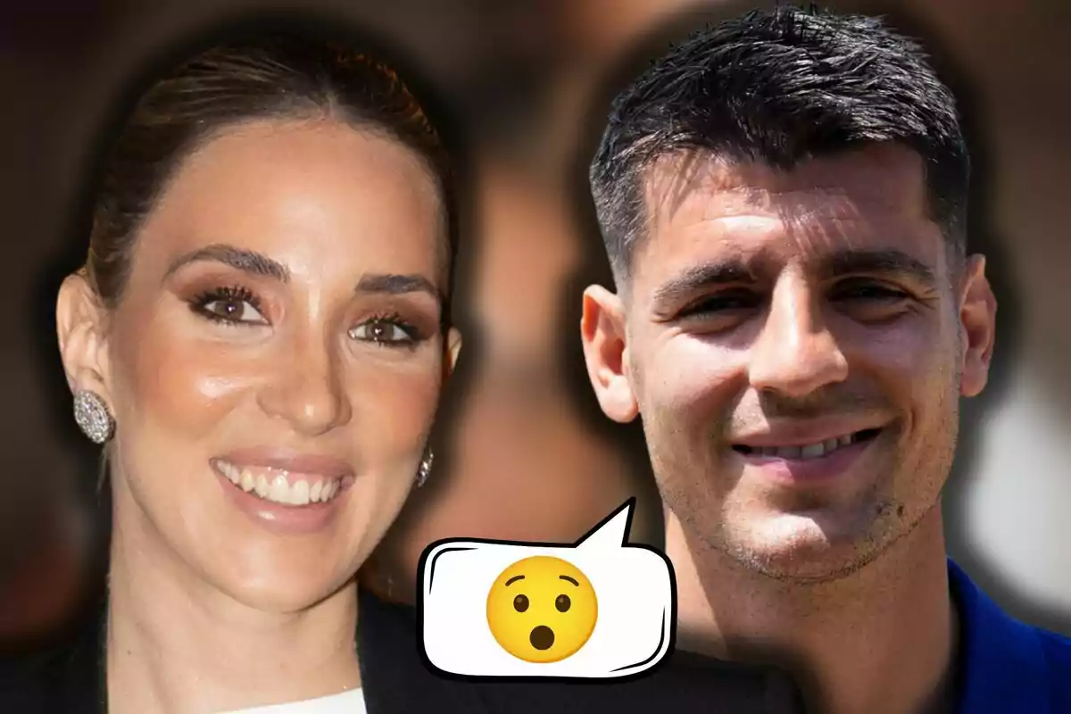 Alice Campello i Álvaro Morata somriuen davant la càmera amb una bafarada de còmic que mostra una carona sorpresa entre ells.