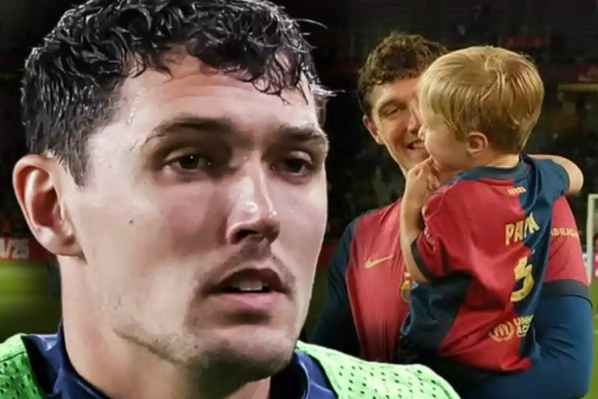 Primer pla de Christensen amb expressió seriosa i al fons el mateix jugador somriu mentre sosté un nen petit en braços dins d’un estadi.