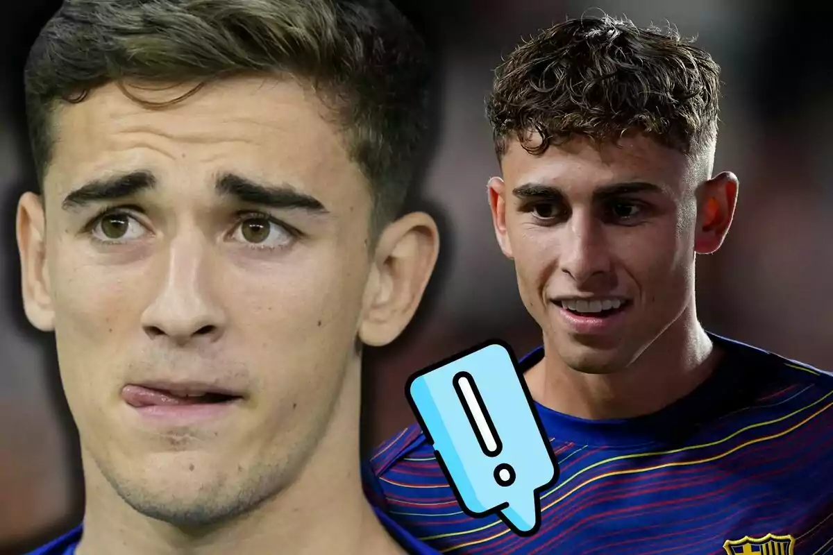 Gavi i Fermín López amb expressions diferents, un sembla pensatiu i l’altre somriu, amb una icona d’exclamació blava entre ells.