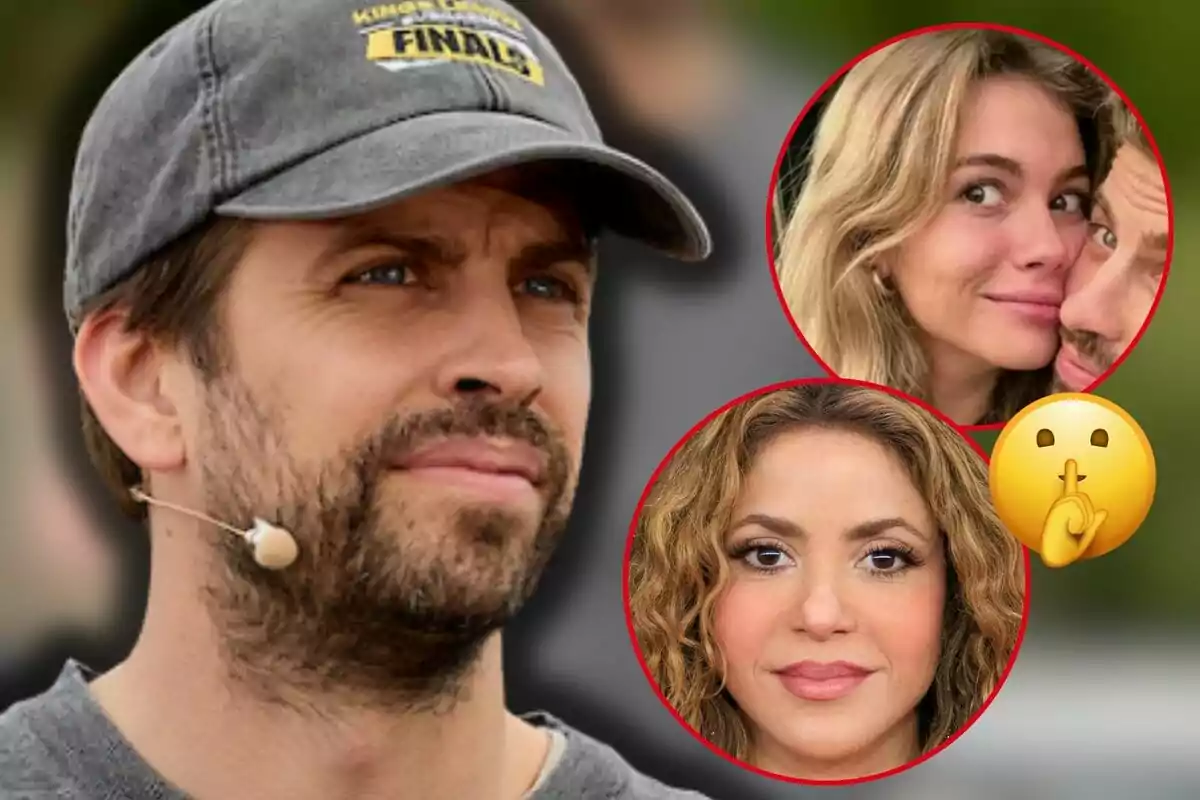 Gerard Piqué amb gorra i micròfon mirant cap a un costat amb dos cercles superposats que mostren a Clara Chía abraçant-lo i a Shakira al costat d’un emoji de silenci