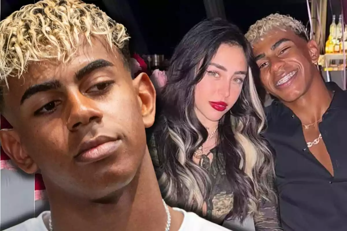 Lamine Yamal amb expressió seriosa en primer pla i al fons la mateixa persona somrient al costat de Nicki Nicole amb llavis vermells