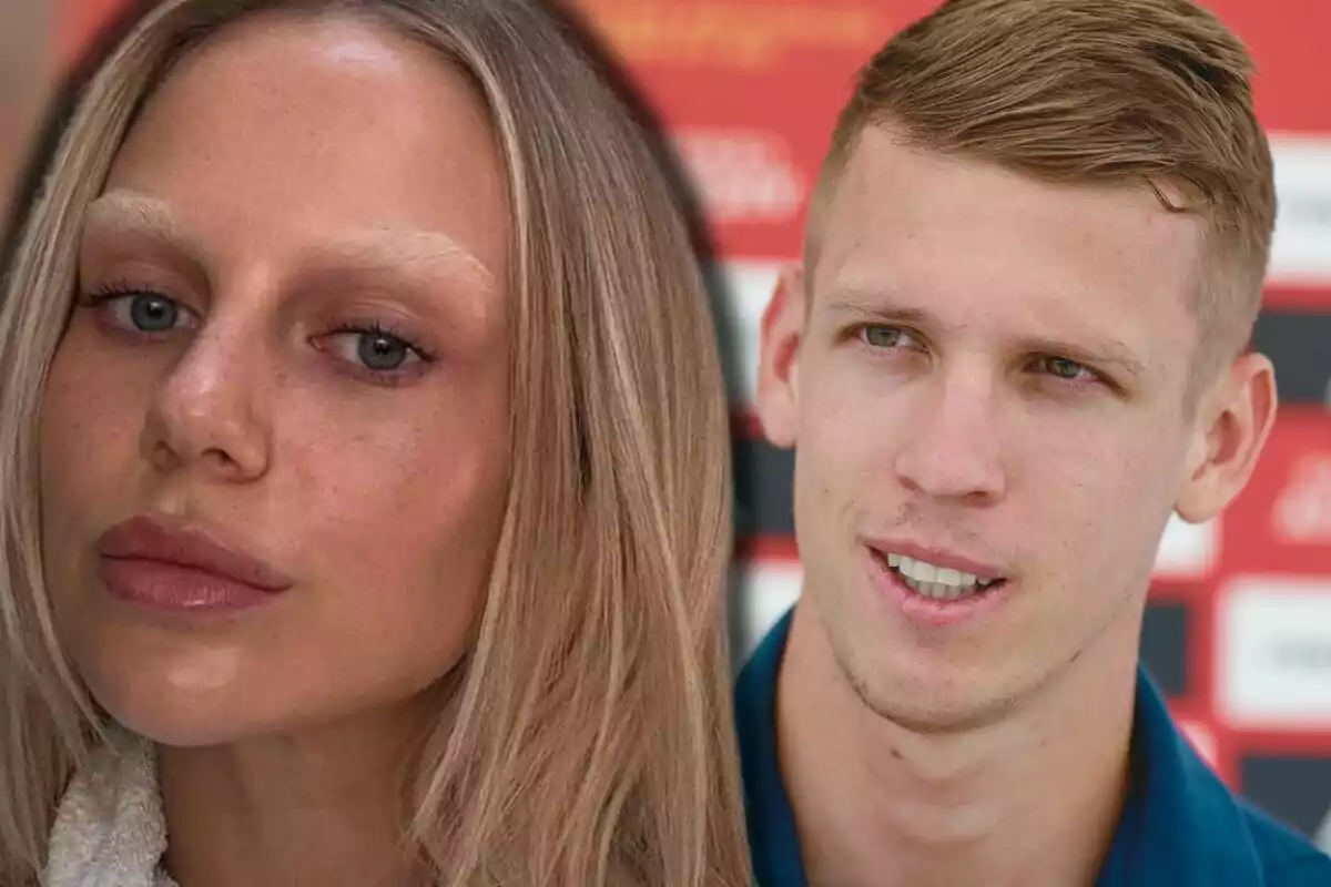 Laura Abla and Dani Olmo, a blonde woman with light eyebrows in the foreground and a blond man with a blurred red and black background.