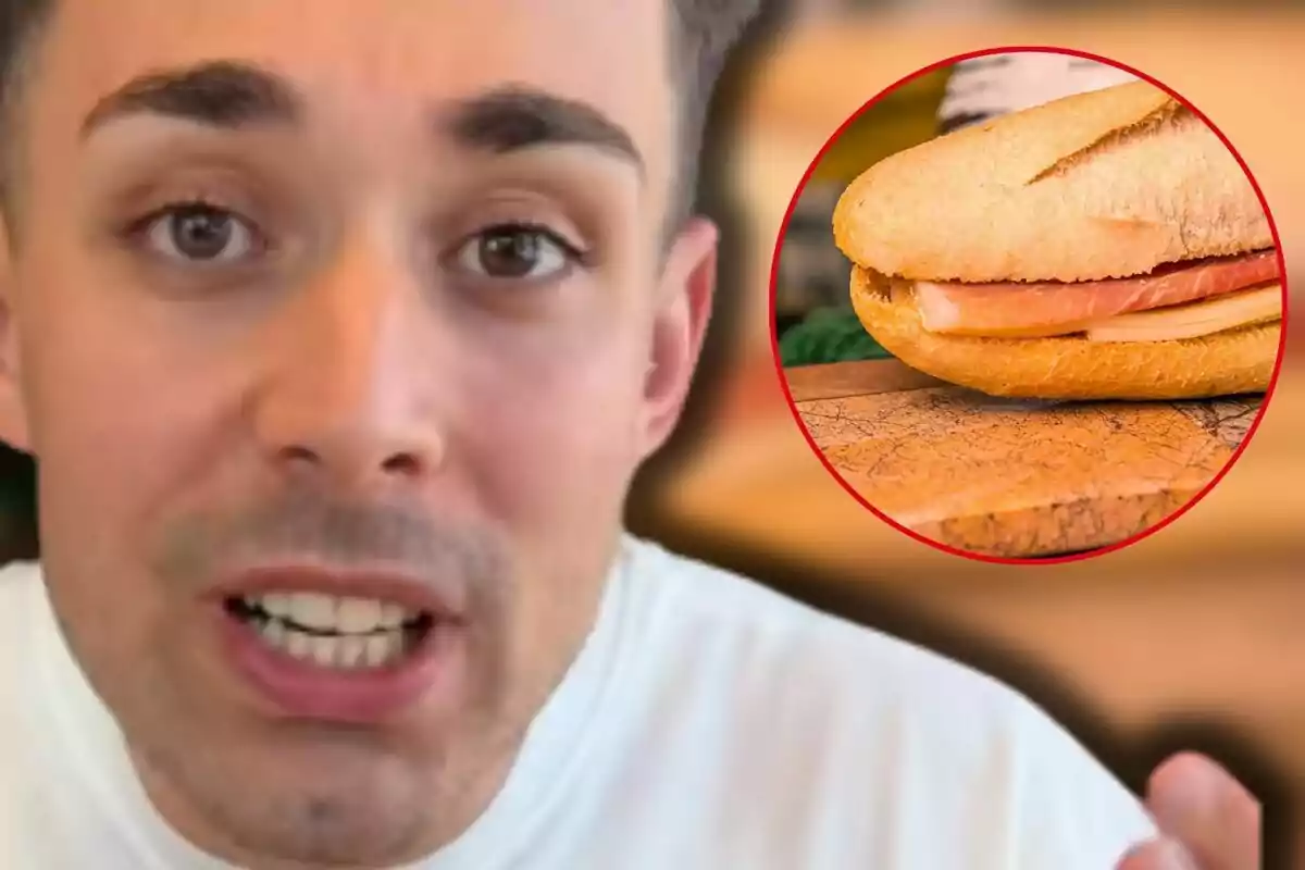 Un home jove parla mentre al fons es mostra un entrepà de pernil i formatge dins d’un cercle vermell.