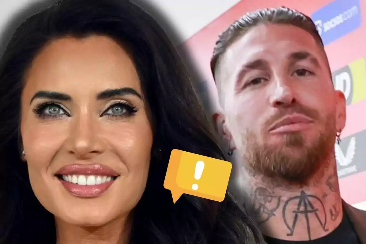 Pilar Rubio sonríe en primer plano mientras Sergio Ramos aparece desenfocado al fondo junto a un ícono de mensaje amarillo con un signo de exclamación.