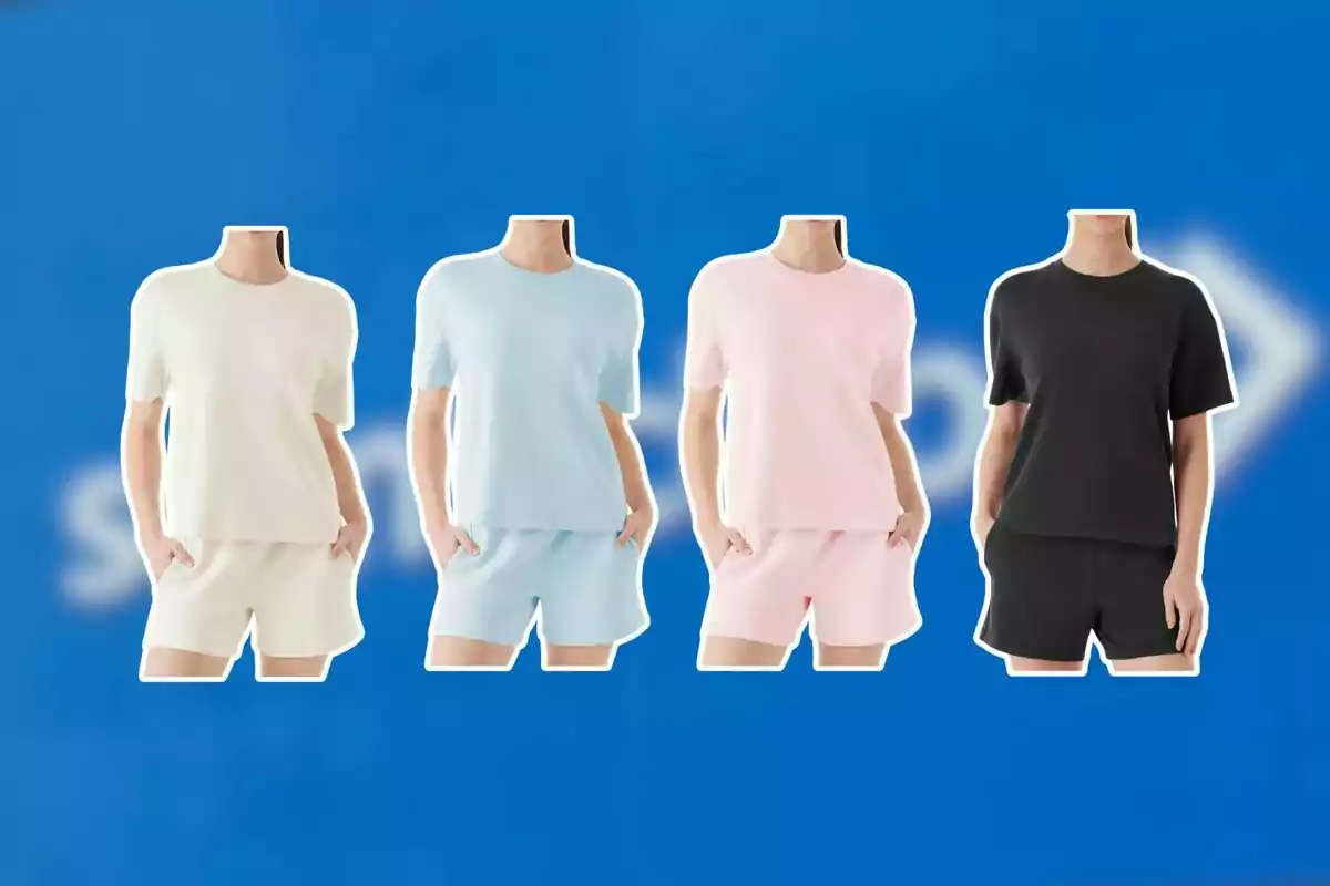 Cuatro conjuntos de camiseta y shorts en colores crema, azul claro, rosa y negro sobre un fondo azul
