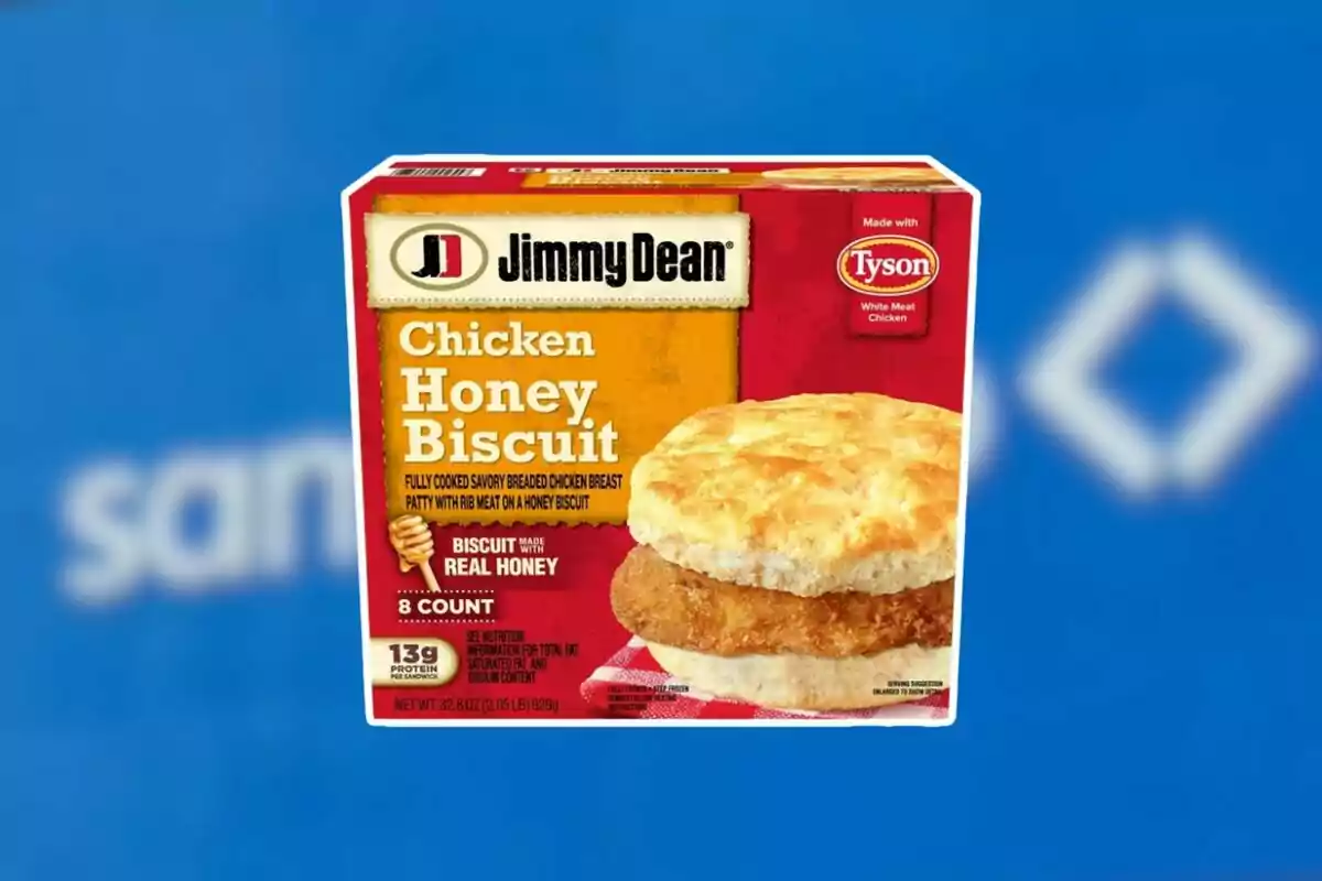 Jimmy Dean Chicken Honey Biscuit box on a blurred blue background