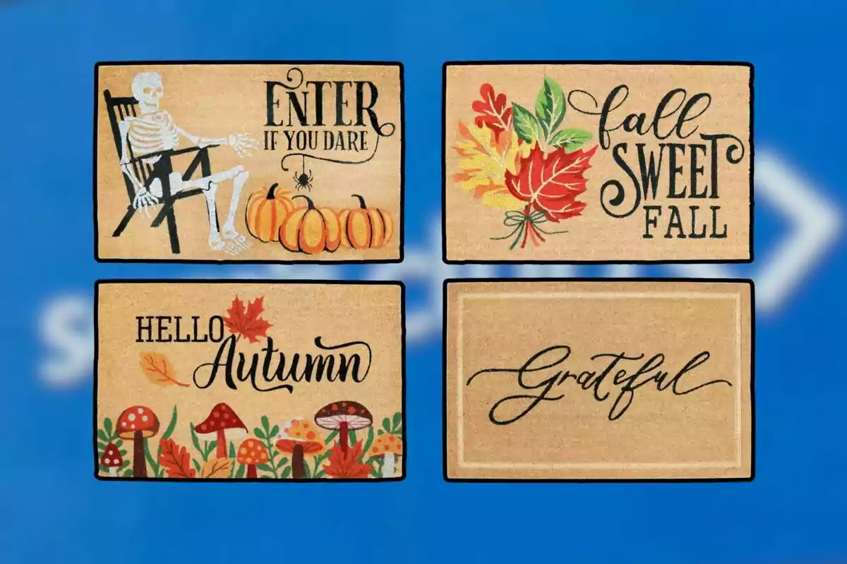 Cuatro tapetes decorativos de otoño con diferentes diseños y frases, incluyendo calabazas, hojas, hongos y un esqueleto en una mecedora